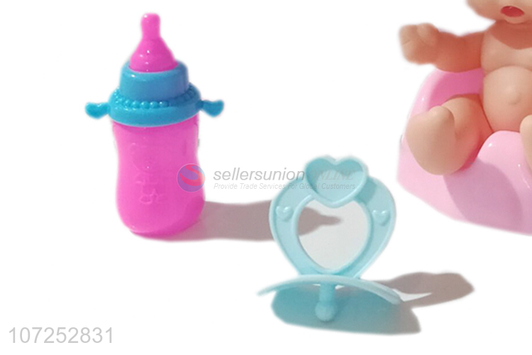 Unique Design Vinyl Baby Doll Toy With Feeder Bottle And Toilet