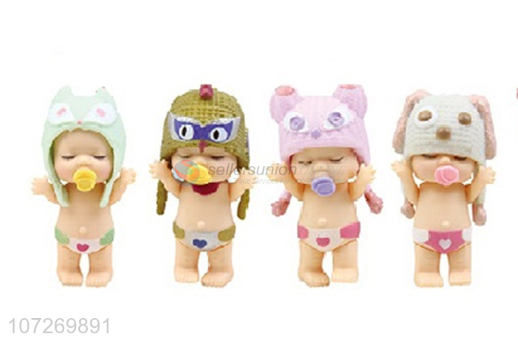 Hot products 3inch vinyl sleeping baby doll with animal cap, drinking and peeing infant doll