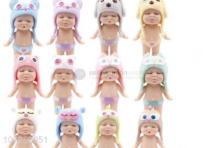 Excellent quality cute vinyl toys sleeping baby doll with feeding bottle and candy cap