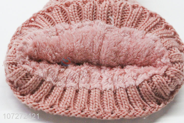 Reasonable price ladies winter knitted hat fleece beanie hat with pompom