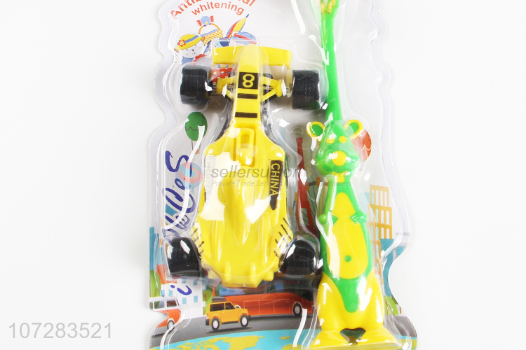 Excellent quality children cartoon toothbrush with 4-wheel racing car toy