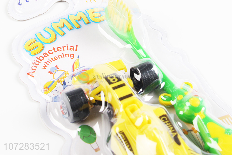 Excellent quality children cartoon toothbrush with 4-wheel racing car toy