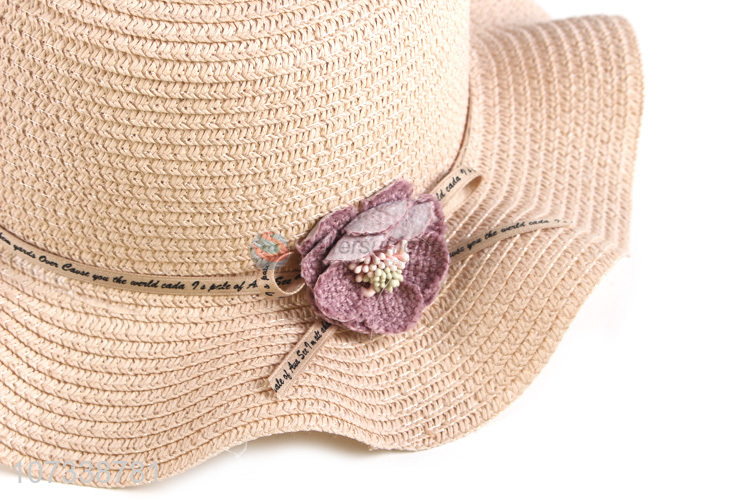 Contracted Design Childrens Flower Decoration Sunhats Floppy Wave Straw Hat