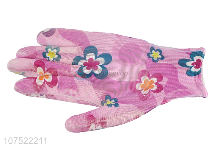 Bottom price fashion flower pattern pu coated safety gloves working gloves