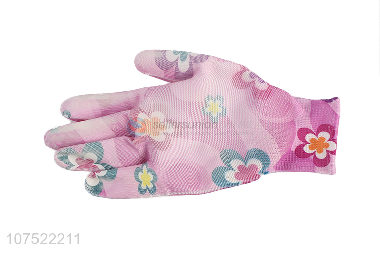 Bottom price fashion flower pattern pu coated safety gloves working gloves