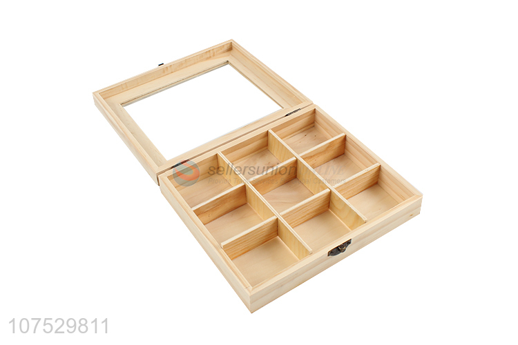 Promotional 6 compartments wooden jewelry case with glass window lid