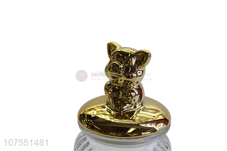 New Product Glass Storage Bottle With Gold Bear Ceramic Lid