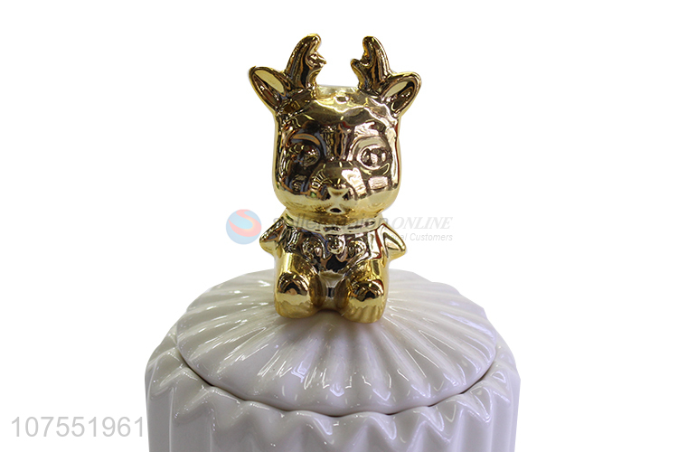 Lowest Price White Ceramic Storage Jar With Gold Deer Decoration Lid