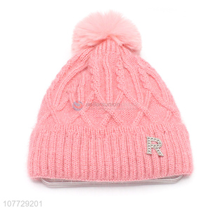 Wholesale autumn winter ladies hat knitted cap pompom hat with fleece lining