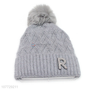 New arrival women rhinestone knitting cap winter fleece-lined beanie hat