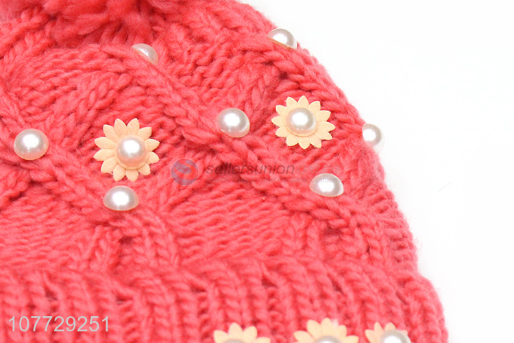 Hot selling women winter warm fleecy hat knitted beanie hat with pearls