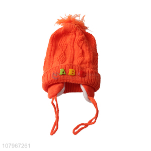 Good quality baby winter thermal knitted earflap hat with pom pom