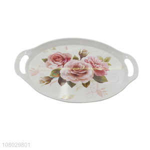 Hot sale elegant floral printing melamine serving tray platter with handles