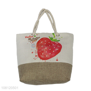 Recent design strawberry printed imitated linen jute handbag beach bag