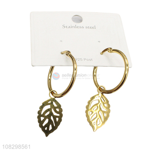 Hot product stainless steel leaf pendant hoop earrings jewelry