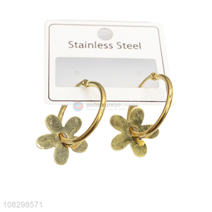 Factory price fashion stainless steel flower charm hoop earrings