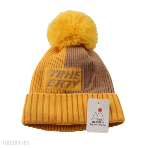 Popular Kids Knitted Hat Beanie Winter Hat With Fur Ball