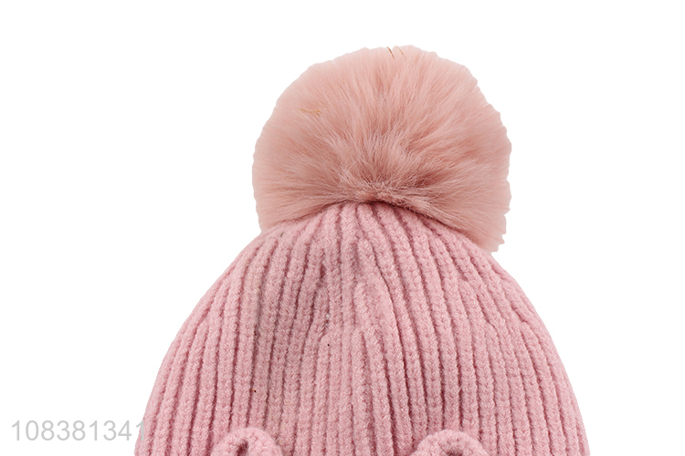 Unique Design Cute Knitted Hat Kids Beanie With Fur Ball