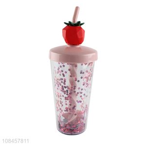 Good quality double-walled sequined water tumbler mixing cup with straw