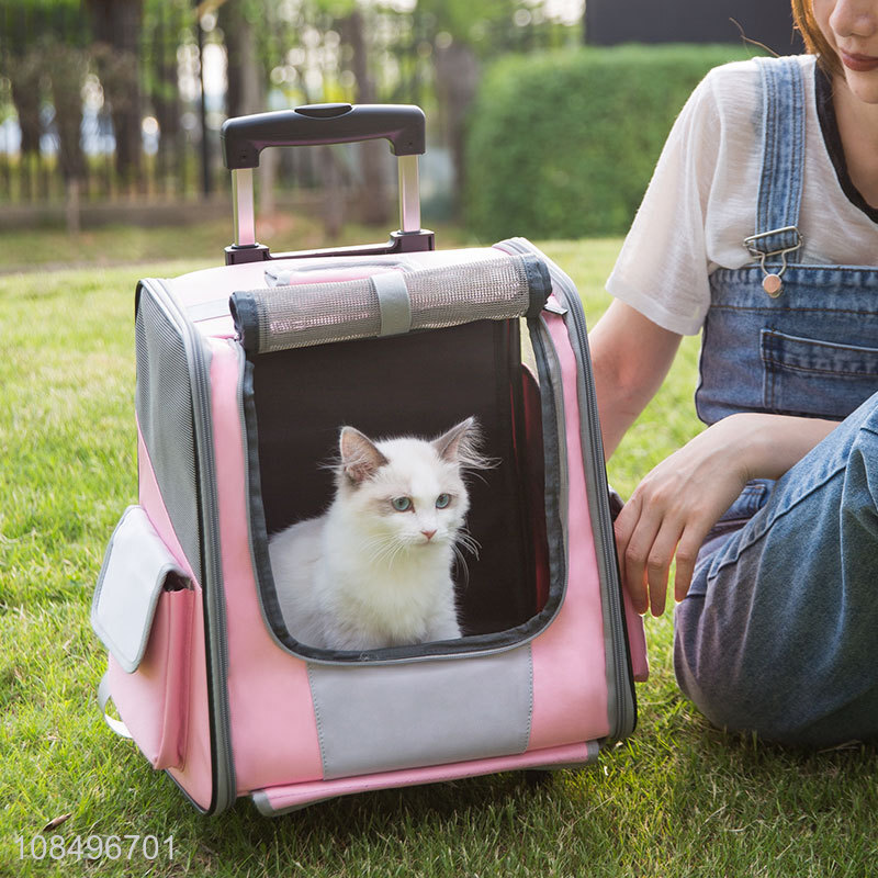 Factory price pet cat backpack pet rolling carrier with double wheels