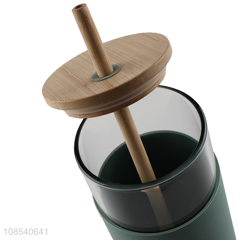 Hot selling glass water cup straw drinking cup with bamboo lid