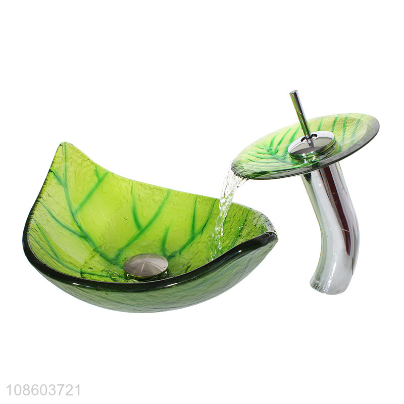 New product leaf shaped bathroom glass vanity sink and faucet set