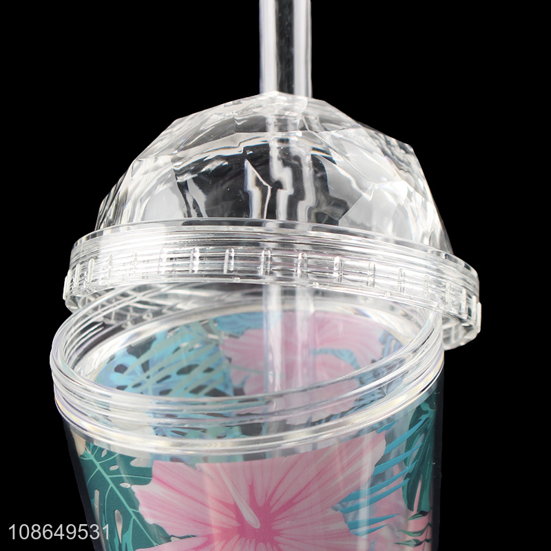 Wholesale double walls floral print plastic water cup with straw