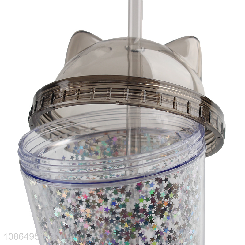 High quality double walls glitter plastic water cup with straw & lid