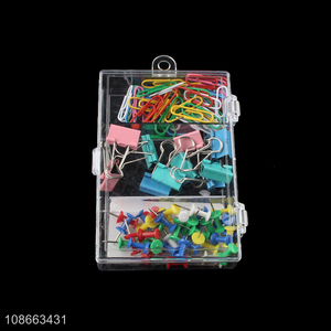 Wholesale office clips set with 50pcs paper clips, 40pcs push pins & 10pcs binder clips