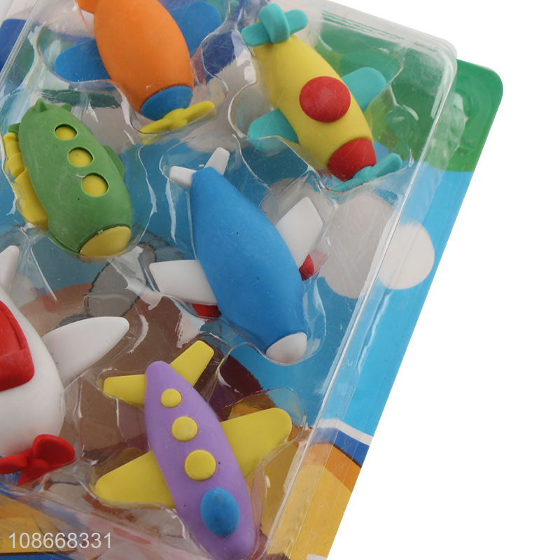 Factory price 6pcs cartoon kids plane shape eraser set for school