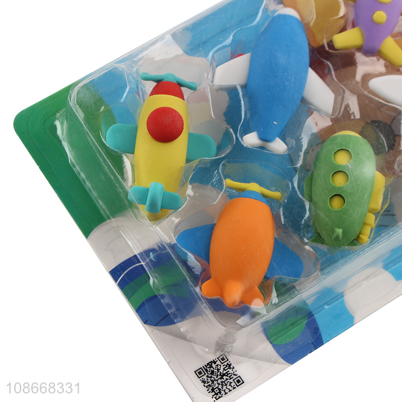 Factory price 6pcs cartoon kids plane shape eraser set for school