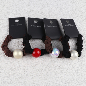 Top sale fashion girls ice silk pearl hair scrunchies hair rope wholesale