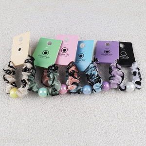 Yiwu market multicolor elastic fashion girls pearl flocking hem knit hair scrunchie