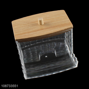 Hot selling clear plastic cotton swab storage box with bamboo lid