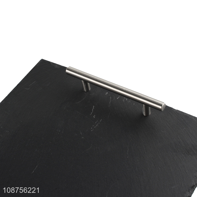 Wholesale rectangular natural slate stone serving tray with metal handles