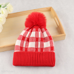 Popular product plaid fleece lined knitted pom pom beanie skull cap