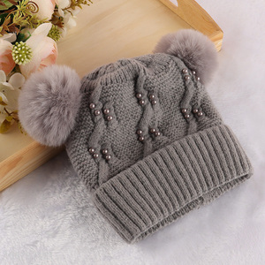 New product kids winter hat cuffed beanie with double pom pom