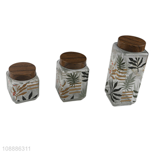 High quality glass food container storage jar with leaf pattern decal