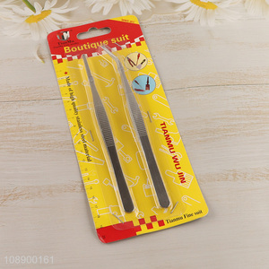 Wholesale 2pcs stainless steel tweezers set with curved & flat tweezers