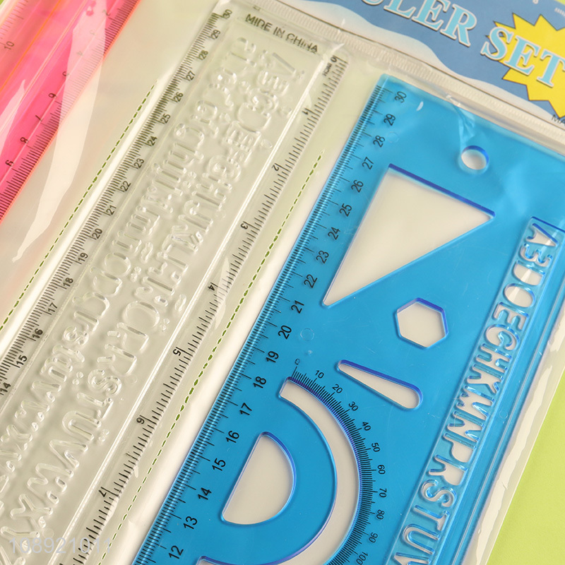 Good selling 3pcs plastic students stationery straightedge ruler set