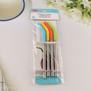 Popular products 4pcs stainless steel drinking straw with silicone tip