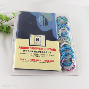 Top sale bathroom accessories waterproof fabric shower curtain with 12 fabric couered rings