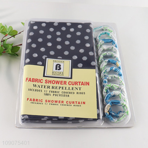 Yiwu market waterproof polyester fabric shower curtain with 12 fabric couered rings