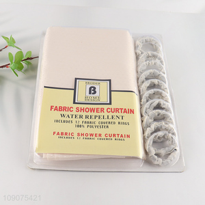 Latest products waterproof polyester fabric shower curtain with 12 fabric couered rings