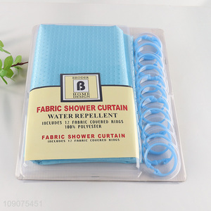 Best sale bathroom accessories polyester shower curtain with 12 fabric couered rings