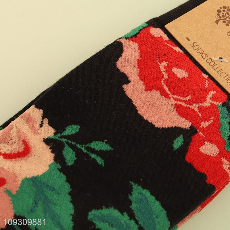 Factory price fashion flower printed cotton socks women crew socks