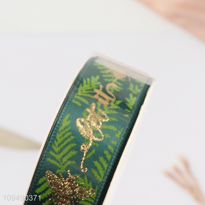 Hot sale green satin ribbon with gold bee print