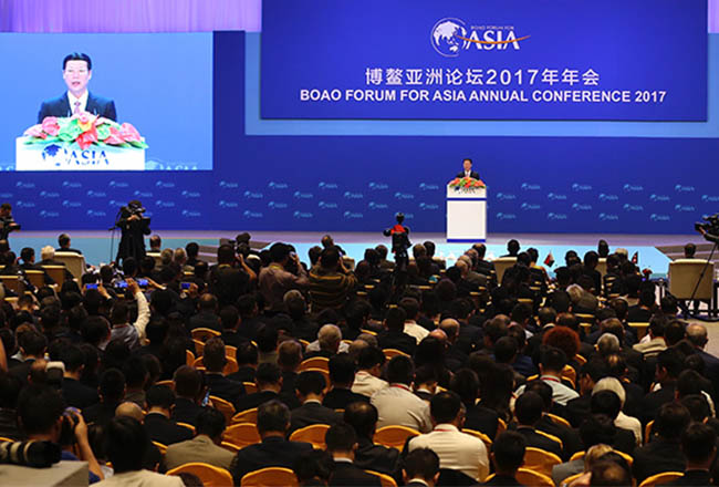 Chinese Vice-Premier Zhang Gaoli delivers a speech at the opening ceremony of the BFA Annual Conference 2017 in Boao, South China's Hainan province, March 25, 2017.